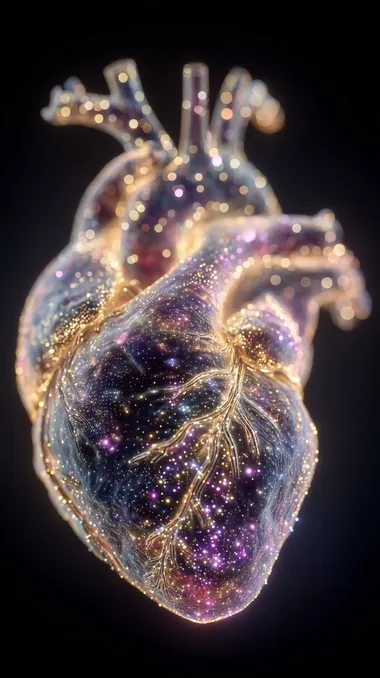 a human heart made of glowing LED dots and digital particles, bioluminescent point cloud, futuristic light sculpture, hyper-detailed, 3D render, vibrant colors on a black background, synthetic texture, soft glow, high contrast, volumetric lighting   --exp 25 --raw