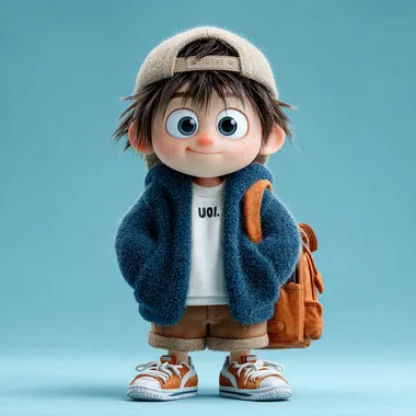 An illustration of a cute Asian boy with big eyes and a baseball cap on his head. Put on a blue coat, smile, carry a schoolbag, wear a white T-shirt, brown shorts, sports shoes, stand up, blender, oc rendering, ultra-fine C4D  --s 750