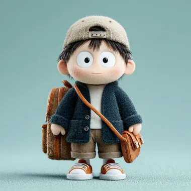 An illustration of a cute Asian boy with big eyes and a baseball cap on his head. Put on a blue coat, smile, carry a schoolbag, wear a white T-shirt, brown shorts, sports shoes, stand up, blender, oc rendering, ultra-fine C4D  --s 750
