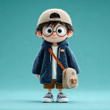 An illustration of a cute Asian boy with big eyes and a baseball cap on his head. Put on a blue coat, smile, carry a schoolbag, wear a white T-shirt, brown shorts, sports shoes, stand up, blender, oc rendering, ultra-fine C4D  --s 750