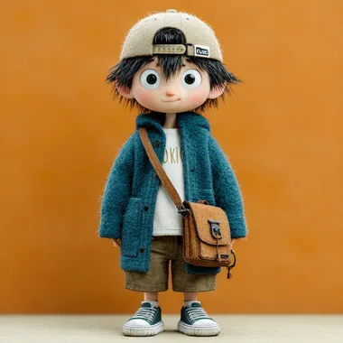An illustration of a cute Asian boy with big eyes and a baseball cap on his head. Put on a blue coat, smile, carry a schoolbag, wear a white T-shirt, brown shorts, sports shoes, stand up, blender, oc rendering, ultra-fine C4D  --s 750