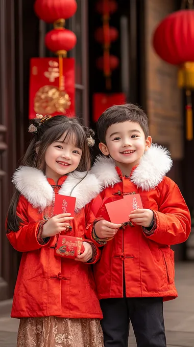 During the Chinese New Year, in a close-up shot, a boy and a girl are dressed in traditional Chinese red cotton jackets with white furry scarves,Holding red envelopes in their hands, they happily smile towards the camera, The simple background is decorated with red lanterns   --s 250  c4nddq4