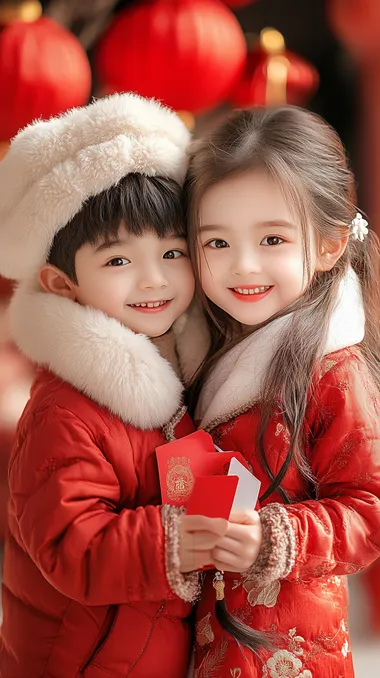 During the Chinese New Year, in a close-up shot, a boy and a girl are dressed in traditional Chinese red cotton jackets with white furry scarves,Holding red envelopes in their hands, they happily smile towards the camera, The simple background is decorated with red lanterns   --s 250  c4nddq4