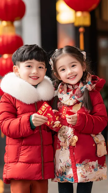During the Chinese New Year, in a close-up shot, a boy and a girl are dressed in traditional Chinese red cotton jackets with white furry scarves,Holding red envelopes in their hands, they happily smile towards the camera, The simple background is decorated with red lanterns   --s 250  c4nddq4