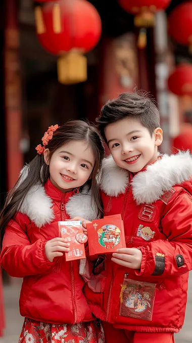 During the Chinese New Year, in a close-up shot, a boy and a girl are dressed in traditional Chinese red cotton jackets with white furry scarves,Holding red envelopes in their hands, they happily smile towards the camera, The simple background is decorated with red lanterns   --s 250  c4nddq4