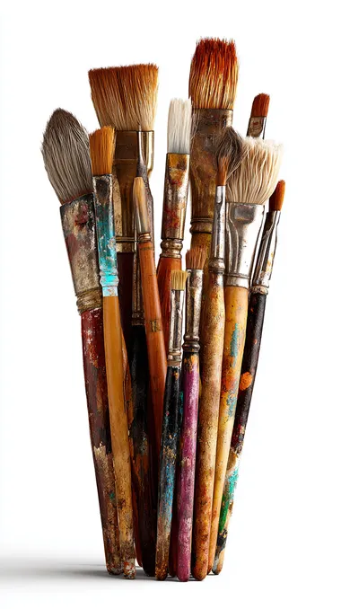 A group of realistic artist paintbrushes standing upright at full height, as if held together or placed in an invisible holder, isolated on a clean white background, no hands, no jars, no objects, only the paintbrushes visible, photorealistic, studio lighting, high detail