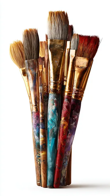 A group of realistic artist paintbrushes standing upright at full height, as if held together or placed in an invisible holder, isolated on a clean white background, no hands, no jars, no objects, only the paintbrushes visible, photorealistic, studio lighting, high detail