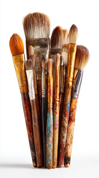 A group of realistic artist paintbrushes standing upright at full height, as if held together or placed in an invisible holder, isolated on a clean white background, no hands, no jars, no objects, only the paintbrushes visible, photorealistic, studio lighting, high detail