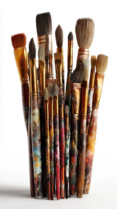 A group of realistic artist paintbrushes standing upright at full height, as if held together or placed in an invisible holder, isolated on a clean white background, no hands, no jars, no objects, only the paintbrushes visible, photorealistic, studio lighting, high detail