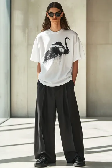 A male model wearing a white T-shirt with a printed swan cloud graphic, black wide-leg pants, in the style of Balenciaga, with a minimalistic design and a monochromatic color scheme. High-resolution photography.