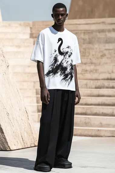 A male model wearing a white T-shirt with a printed swan cloud graphic, black wide-leg pants, in the style of Balenciaga, with a minimalistic design and a monochromatic color scheme. High-resolution photography.