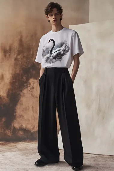 A male model wearing a white T-shirt with a printed swan cloud graphic, black wide-leg pants, in the style of Balenciaga, with a minimalistic design and a monochromatic color scheme. High-resolution photography.