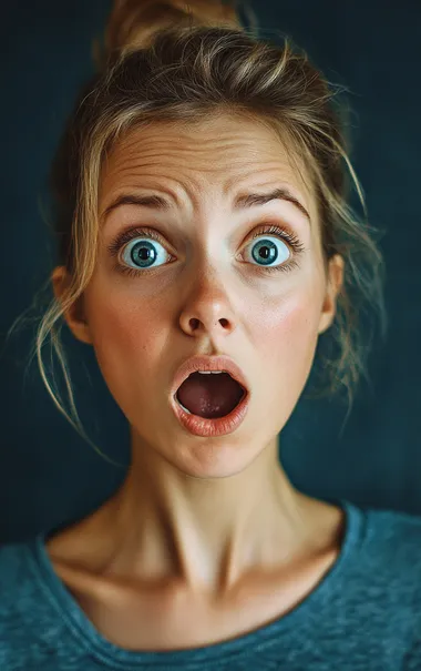 A photo of a woman with a shocked expression.