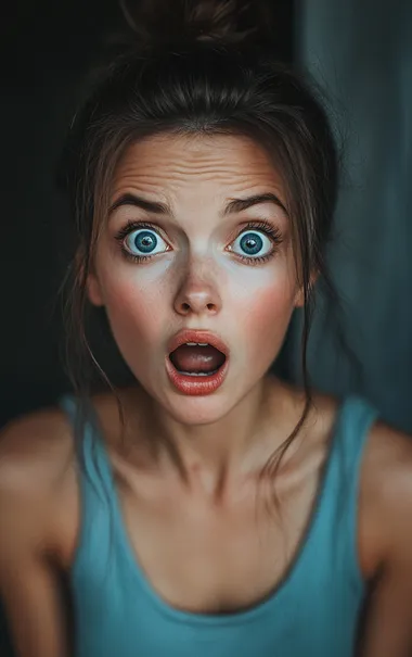 A photo of a woman with a shocked expression.