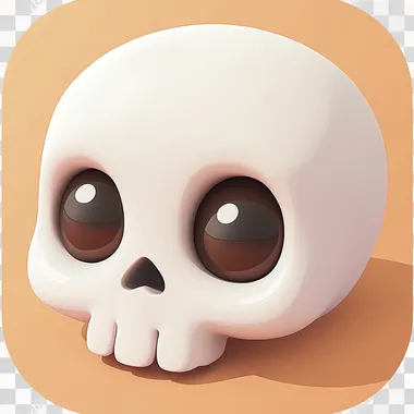 An icon of a whole cute white skull for an app, with a transparent background, a simple design, in a game style, suitable for UI/UX, created using vector graphics, with a cute and minimalistic aesthetic, featuring 3D rendering, an isometric view, and high resolution and detail for high-quality output.