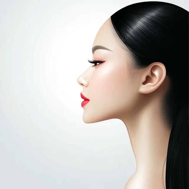 Asian woman with long black hair and red lipstick in upscale hair treatment catalog