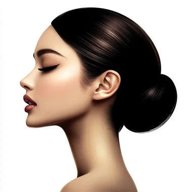upscale ethnic hair treatment cosmetic catalog design lay out with realistic asian woman profile in white background