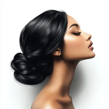 upscale ethnic hair treatment cosmetic catalog design lay out with realistic asian woman profile in white background