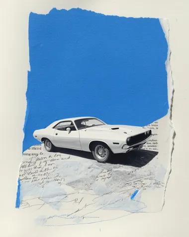A hand-drawn black ink drawing on white paper and newspaper, in a minimalist retro style with monochromatic colours. THe subject is a muscle car. Cut-out image, with torn edges, on a isolated background, with scribles of text. The background colour is blue.  --raw  cz2pqao