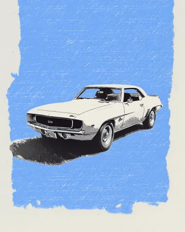 A hand-drawn black ink drawing on white paper and newspaper, in a minimalist retro style with monochromatic colours. THe subject is a muscle car. Cut-out image, with torn edges, on a isolated background, with scribles of text. The background colour is blue.  --raw  cz2pqao