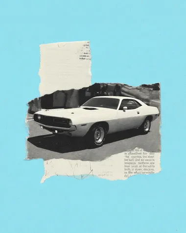 A hand-drawn black ink drawing on white paper and newspaper, in a minimalist retro style with monochromatic colours. THe subject is a muscle car. Cut-out image, with torn edges, on a isolated background, with scribles of text. The background colour is blue.  --raw  cz2pqao