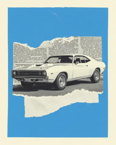 A hand-drawn black ink drawing on white paper and newspaper, in a minimalist retro style with monochromatic colours. THe subject is a muscle car. Cut-out image, with torn edges, on a isolated background, with scribles of text. The background colour is blue.  --raw  cz2pqao