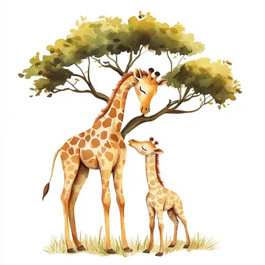 watercolor illustration of a giraffe mother gently touching noses with her baby, delicate acacia tree, nursery wall art style, mary blair style, clipart, on white background