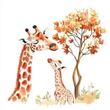 watercolor illustration of a giraffe mother gently touching noses with her baby, delicate acacia tree, nursery wall art style, mary blair style, clipart, on white background