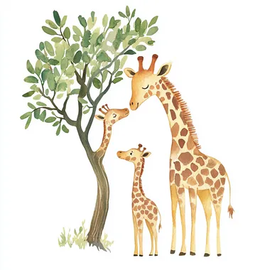 watercolor illustration of a giraffe mother gently touching noses with her baby, delicate acacia tree, nursery wall art style, mary blair style, clipart, on white background