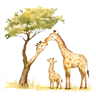 watercolor illustration of a giraffe mother gently touching noses with her baby, delicate acacia tree, nursery wall art style, mary blair style, clipart, on white background