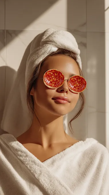 A hyper-realistic, professionally art-directed 9:16 vertical portrait of a Gen Z wellness influencer standing in a modern bathroom. They are wearing two large pepperoni slices over their eyes like spa eye masks the pepperonis look fresh, rich red with slight glistening texture, realistic and detailed. The influencer has a relaxed, fun expression smiling slightly or looking calm and refreshed natural makeup or no makeup, dewy fresh skin. They are wrapped casually in a soft white towel, or wearing cozy minimal loungewear, with hair wrapped in a towel or loose. The bathroom setting is minimal, modern, and bright: clean white tiles, a large mirror, soft natural daylight pouring in. Small realistic bathroom details are visible (toothbrushes, lotions) but kept very minimal and lifestyle-focused. Lighting is soft, natural, and bright real daylight through a window creating creamy skin tones, gentle highlights, and soft natural shadows. Textures must be hyper-realistic: the glossy fresh look of the pepperonis, the soft texture of the towels, the natural textures of skin and hair. Shot with a full-frame DSLR camera, 50mm or 35mm lens equivalent, cinematic editorial color grading, ultra-crisp real-world textures, no AI glow, no fake plastic surfaces. Realistic, handcrafted photo look styled like a premium Gen Z wellness campaign shoot.   --raw