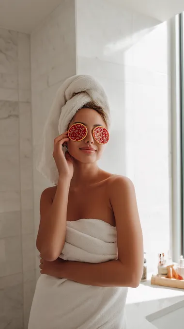 A hyper-realistic, professionally art-directed 9:16 vertical portrait of a Gen Z wellness influencer standing in a modern bathroom. They are wearing two large pepperoni slices over their eyes like spa eye masks the pepperonis look fresh, rich red with slight glistening texture, realistic and detailed. The influencer has a relaxed, fun expression smiling slightly or looking calm and refreshed natural makeup or no makeup, dewy fresh skin. They are wrapped casually in a soft white towel, or wearing cozy minimal loungewear, with hair wrapped in a towel or loose. The bathroom setting is minimal, modern, and bright: clean white tiles, a large mirror, soft natural daylight pouring in. Small realistic bathroom details are visible (toothbrushes, lotions) but kept very minimal and lifestyle-focused. Lighting is soft, natural, and bright real daylight through a window creating creamy skin tones, gentle highlights, and soft natural shadows. Textures must be hyper-realistic: the glossy fresh look of the pepperonis, the soft texture of the towels, the natural textures of skin and hair. Shot with a full-frame DSLR camera, 50mm or 35mm lens equivalent, cinematic editorial color grading, ultra-crisp real-world textures, no AI glow, no fake plastic surfaces. Realistic, handcrafted photo look styled like a premium Gen Z wellness campaign shoot.   --raw