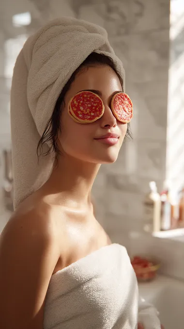 A hyper-realistic, professionally art-directed 9:16 vertical portrait of a Gen Z wellness influencer standing in a modern bathroom. They are wearing two large pepperoni slices over their eyes like spa eye masks the pepperonis look fresh, rich red with slight glistening texture, realistic and detailed. The influencer has a relaxed, fun expression smiling slightly or looking calm and refreshed natural makeup or no makeup, dewy fresh skin. They are wrapped casually in a soft white towel, or wearing cozy minimal loungewear, with hair wrapped in a towel or loose. The bathroom setting is minimal, modern, and bright: clean white tiles, a large mirror, soft natural daylight pouring in. Small realistic bathroom details are visible (toothbrushes, lotions) but kept very minimal and lifestyle-focused. Lighting is soft, natural, and bright real daylight through a window creating creamy skin tones, gentle highlights, and soft natural shadows. Textures must be hyper-realistic: the glossy fresh look of the pepperonis, the soft texture of the towels, the natural textures of skin and hair. Shot with a full-frame DSLR camera, 50mm or 35mm lens equivalent, cinematic editorial color grading, ultra-crisp real-world textures, no AI glow, no fake plastic surfaces. Realistic, handcrafted photo look styled like a premium Gen Z wellness campaign shoot.   --raw