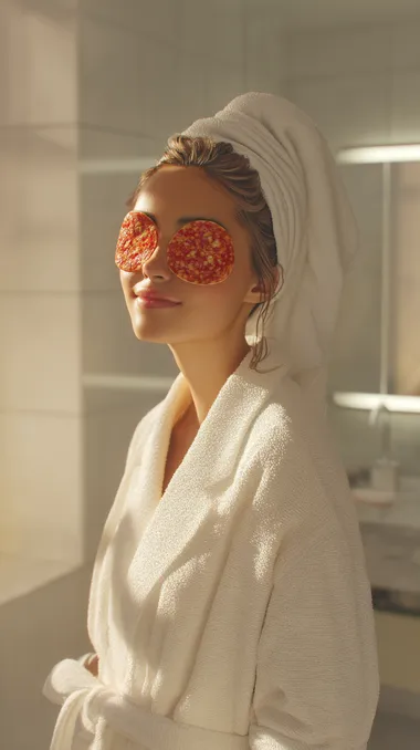 A hyper-realistic, professionally art-directed 9:16 vertical portrait of a Gen Z wellness influencer standing in a modern bathroom. They are wearing two large pepperoni slices over their eyes like spa eye masks the pepperonis look fresh, rich red with slight glistening texture, realistic and detailed. The influencer has a relaxed, fun expression smiling slightly or looking calm and refreshed natural makeup or no makeup, dewy fresh skin. They are wrapped casually in a soft white towel, or wearing cozy minimal loungewear, with hair wrapped in a towel or loose. The bathroom setting is minimal, modern, and bright: clean white tiles, a large mirror, soft natural daylight pouring in. Small realistic bathroom details are visible (toothbrushes, lotions) but kept very minimal and lifestyle-focused. Lighting is soft, natural, and bright real daylight through a window creating creamy skin tones, gentle highlights, and soft natural shadows. Textures must be hyper-realistic: the glossy fresh look of the pepperonis, the soft texture of the towels, the natural textures of skin and hair. Shot with a full-frame DSLR camera, 50mm or 35mm lens equivalent, cinematic editorial color grading, ultra-crisp real-world textures, no AI glow, no fake plastic surfaces. Realistic, handcrafted photo look styled like a premium Gen Z wellness campaign shoot.   --raw