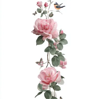 A delicate pink rose garland with small birds and butterflies, set against a white background, creates an elegant composition that exudes romance and charm. This design is perfect for adding a touch of elegance to any space in the home or office. The focus is on the face, in a sticker-style format.