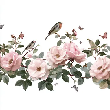 A delicate pink rose garland with small birds and butterflies, set against a white background, creates an elegant composition that exudes romance and charm. This design is perfect for adding a touch of elegance to any space in the home or office. The focus is on the face, in a sticker-style format.