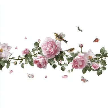A delicate pink rose garland with small birds and butterflies, set against a white background, creates an elegant composition that exudes romance and charm. This design is perfect for adding a touch of elegance to any space in the home or office. The focus is on the face, in a sticker-style format.