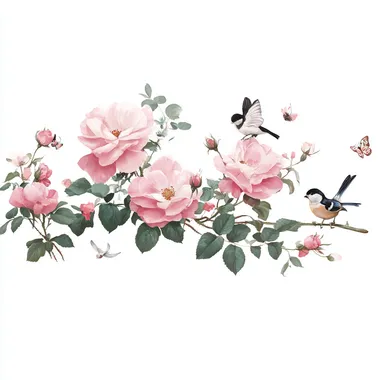 A delicate pink rose garland with small birds and butterflies, set against a white background, creates an elegant composition that exudes romance and charm. This design is perfect for adding a touch of elegance to any space in the home or office. The focus is on the face, in a sticker-style format.