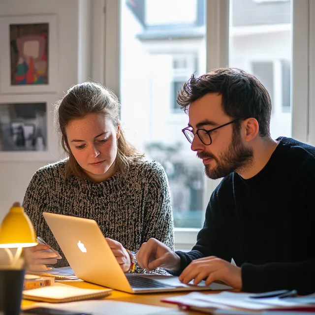 Website developer and designer collaborating on a laptop in office space