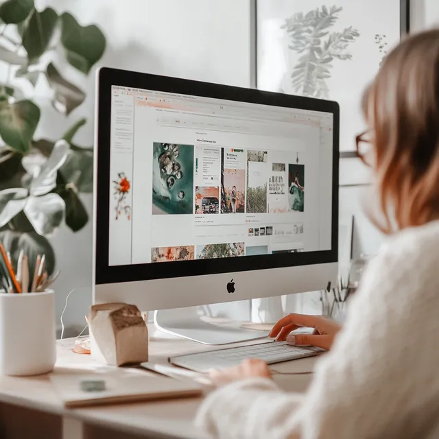 Woman website developer and designer working on computer in office daylight