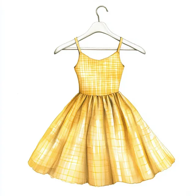 Watercolor Clipart: Yellow Gingham Summer Dress on Wooden Hanger