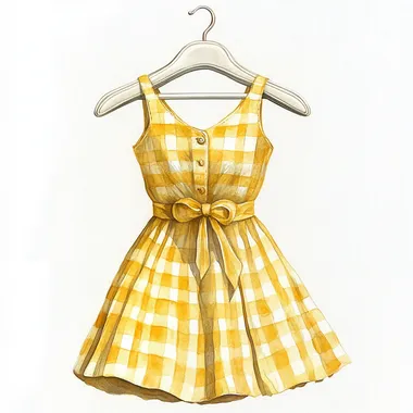 watercolour clipart of cotton womens long gingham summer yellow dress on antique white wooden hanger isolated on a white background