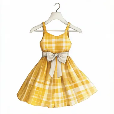 watercolour clipart of cotton womens long gingham summer yellow dress on antique white wooden hanger isolated on a white background