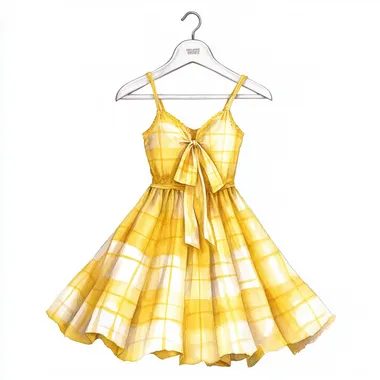 watercolour clipart of cotton womens long gingham summer yellow dress on antique white wooden hanger isolated on a white background