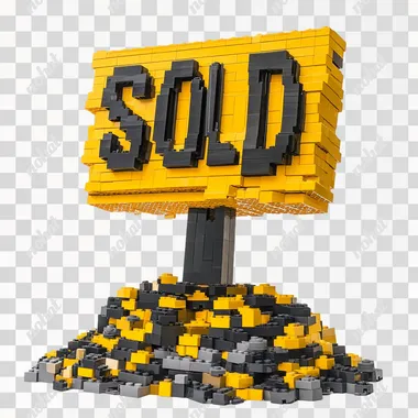spooky real estate SOLD lawn sign during Halloween, made from yellow and dark gray stacked Lego bricks, piles of bricks underneath, wide-angle, white background