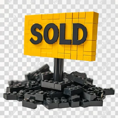 spooky real estate SOLD lawn sign during Halloween, made from yellow and dark gray stacked Lego bricks, piles of bricks underneath, wide-angle, white background