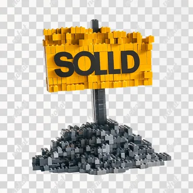 spooky real estate SOLD lawn sign during Halloween, made from yellow and dark gray stacked Lego bricks, piles of bricks underneath, wide-angle, white background
