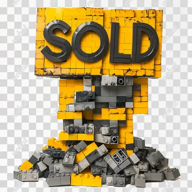 spooky real estate SOLD lawn sign during Halloween, made from yellow and dark gray stacked Lego bricks, piles of bricks underneath, wide-angle, white background