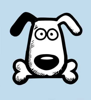 A simple black and white vector logo of the silhouette outline of an adorable dog's head with floppy ears, its eyes open wide in curiosity or playfulness, with two thick, clean line outlines that form the shape of a cartoon-style bone on both sides of its mouth. Clip art sticker design, sky blue background::2