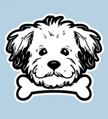A simple black and white vector logo of the silhouette outline of an adorable dog's head with floppy ears, its eyes open wide in curiosity or playfulness, with two thick, clean line outlines that form the shape of a cartoon-style bone on both sides of its mouth. Clip art sticker design, sky blue background::2